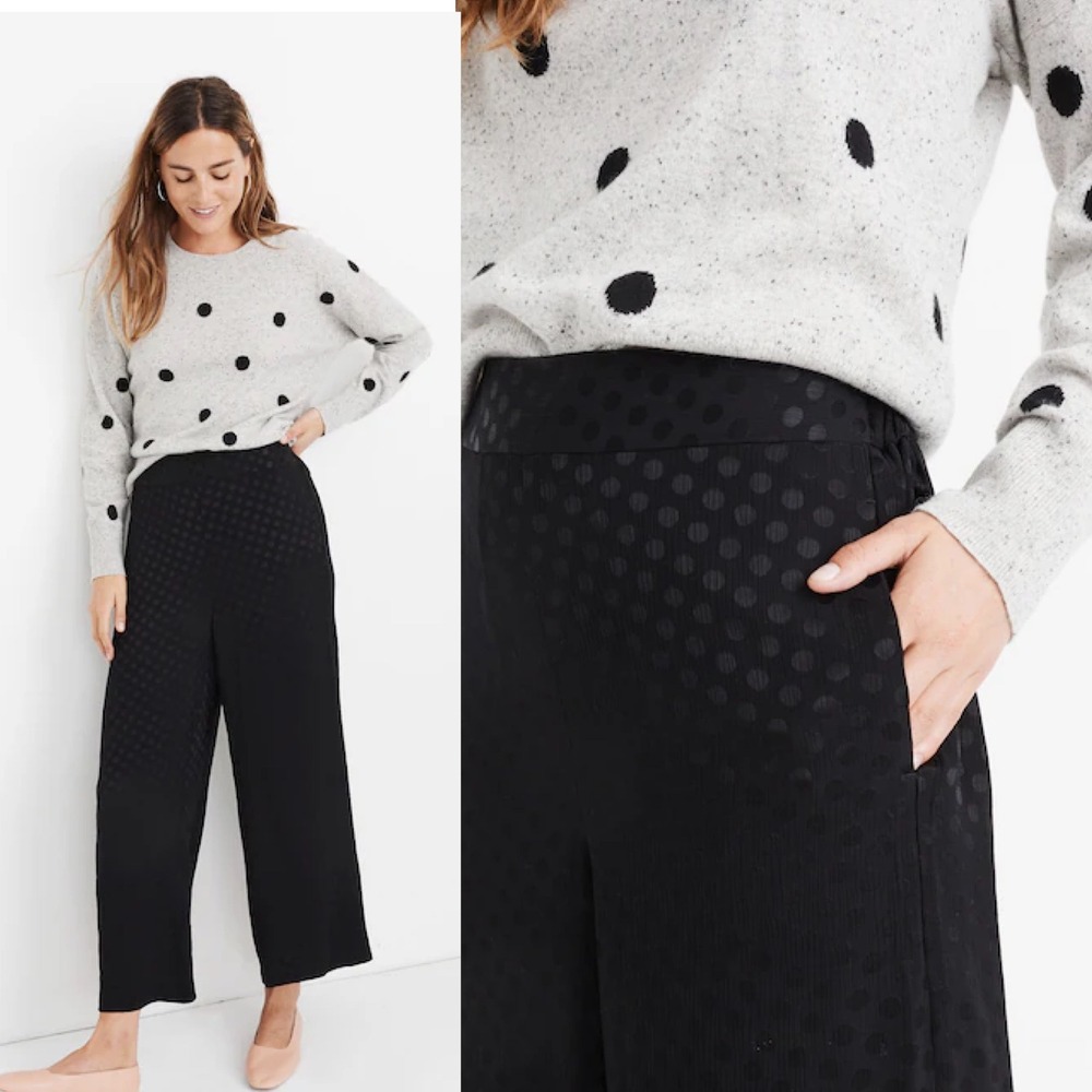 Madewell Drapey Jacquard Huston Pull-On Crop Pants Polka Dot Wide Leg Black S